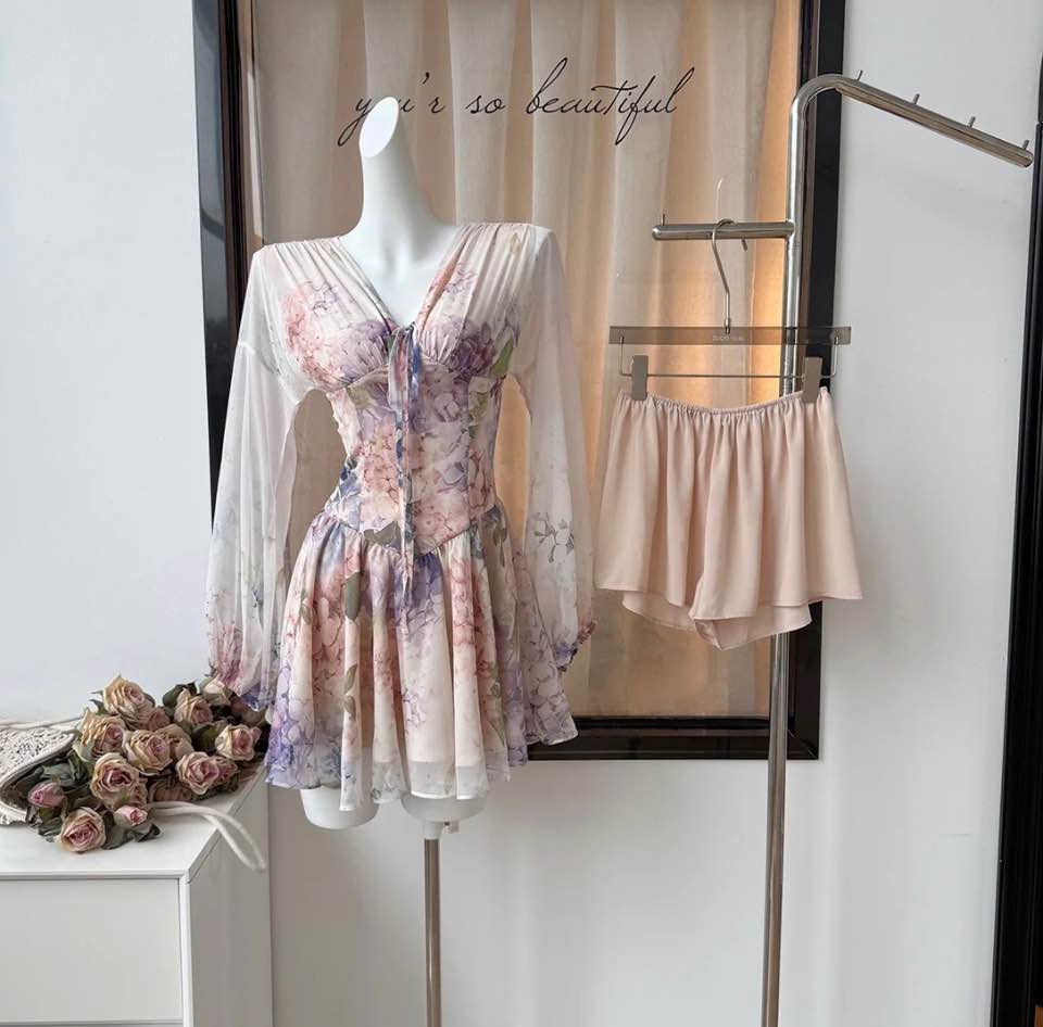 Mini Dress with Sleeves - Watercolor Dreams