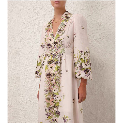 New Cotton Linen Floral Maxi Dress - Long Sleeve Button Down V-Neck & Other Stories