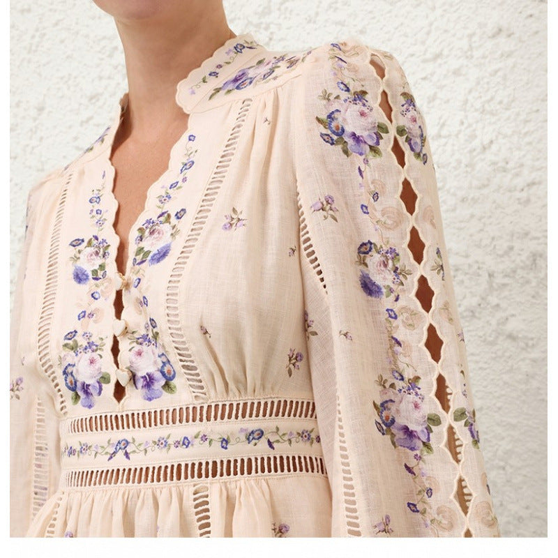 Stitch Floral Maxi Dress - Scalloped V-Neck & Long Sleeve Lotus & Lace