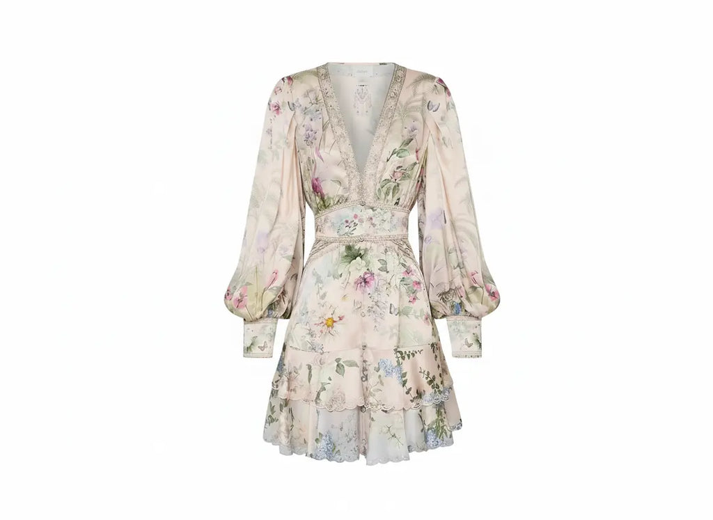 Petal Romance Tiered Ruffle Mini Dress Lotus & Lace