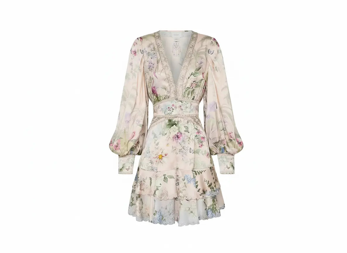 Petal Romance Tiered Ruffle Mini Dress Lotus & Lace