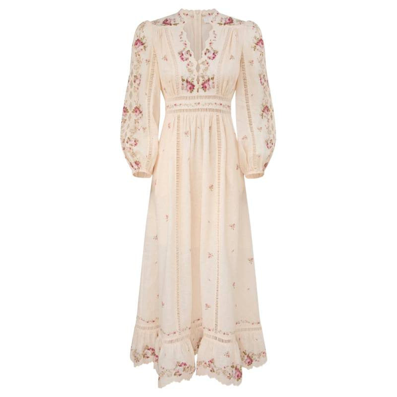 Stitch Floral Maxi Dress - Scalloped V-Neck & Long Sleeve Lotus & Lace