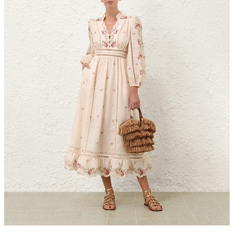 Stitch Floral Maxi Dress - Scalloped V-Neck & Long Sleeve Lotus & Lace