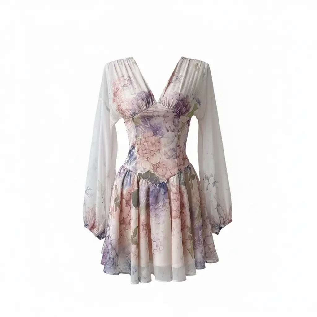 Watercolor Dreams Sheer Sleeve Mini Dress Lotus & Lace