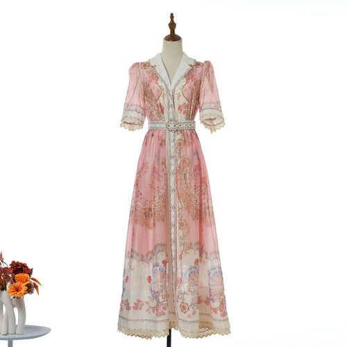 Floral Lace Trim Shirt Dress - Belted Button Down Maxi Lotus & Lace