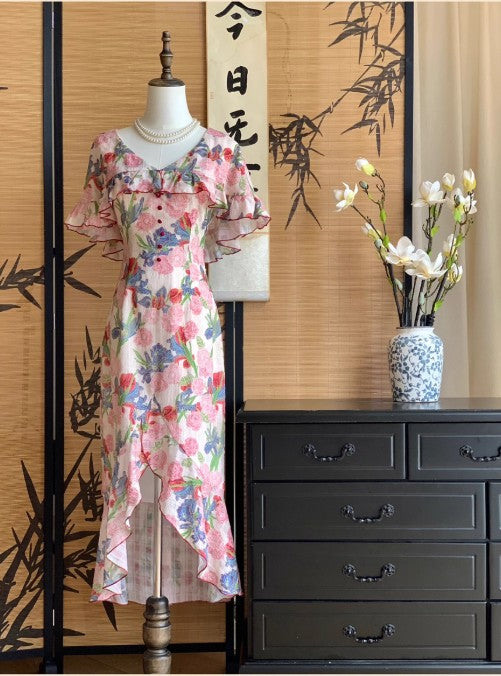 Ruffle Midi Dress - Flutter Garden Lotus & Lace