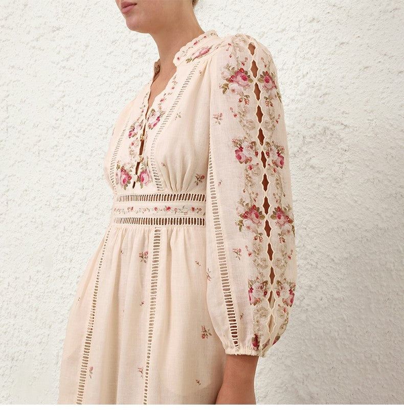 Stitch Floral Maxi Dress - Scalloped V-Neck & Long Sleeve Lotus & Lace