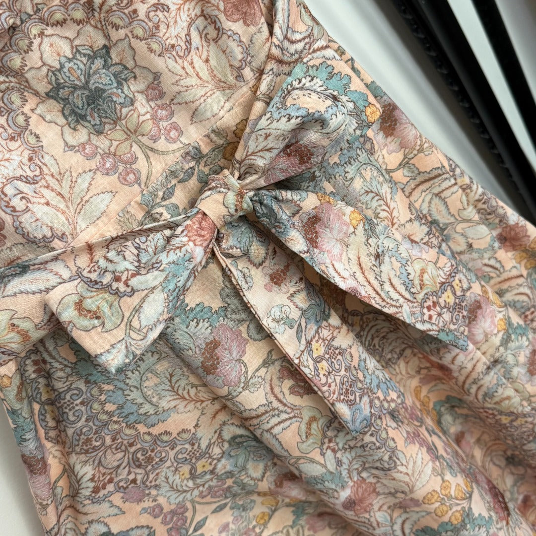 Premium Floral Spaghetti Strap Dress – Elastic Waist Lotus & Lace