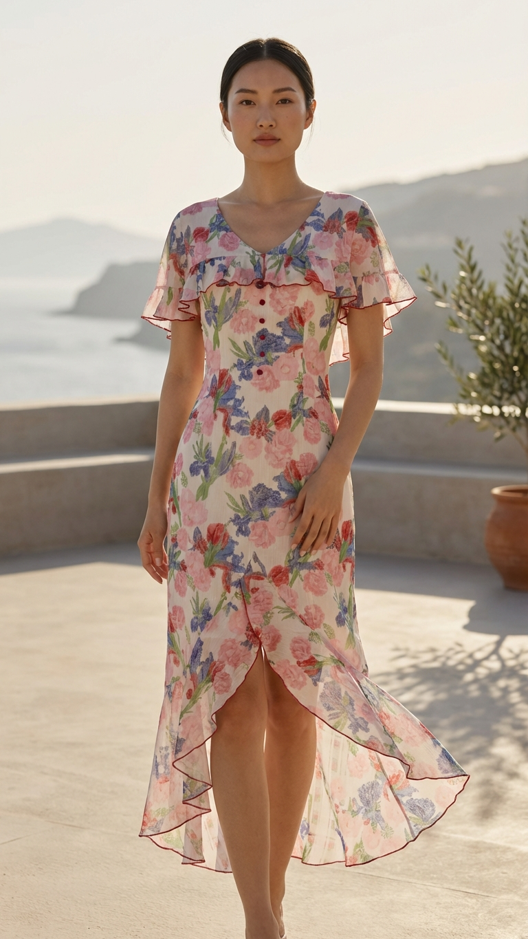 Ruffle Midi Dress - Flutter Garden Lotus & Lace