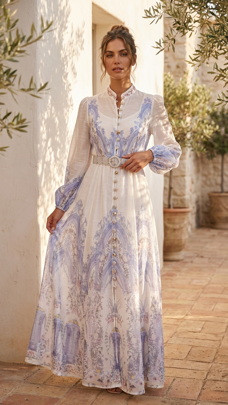 Blue & White Porcelain Print Maxi Shirt Dress - Long Sleeve Button Down with Belt & Other Stories