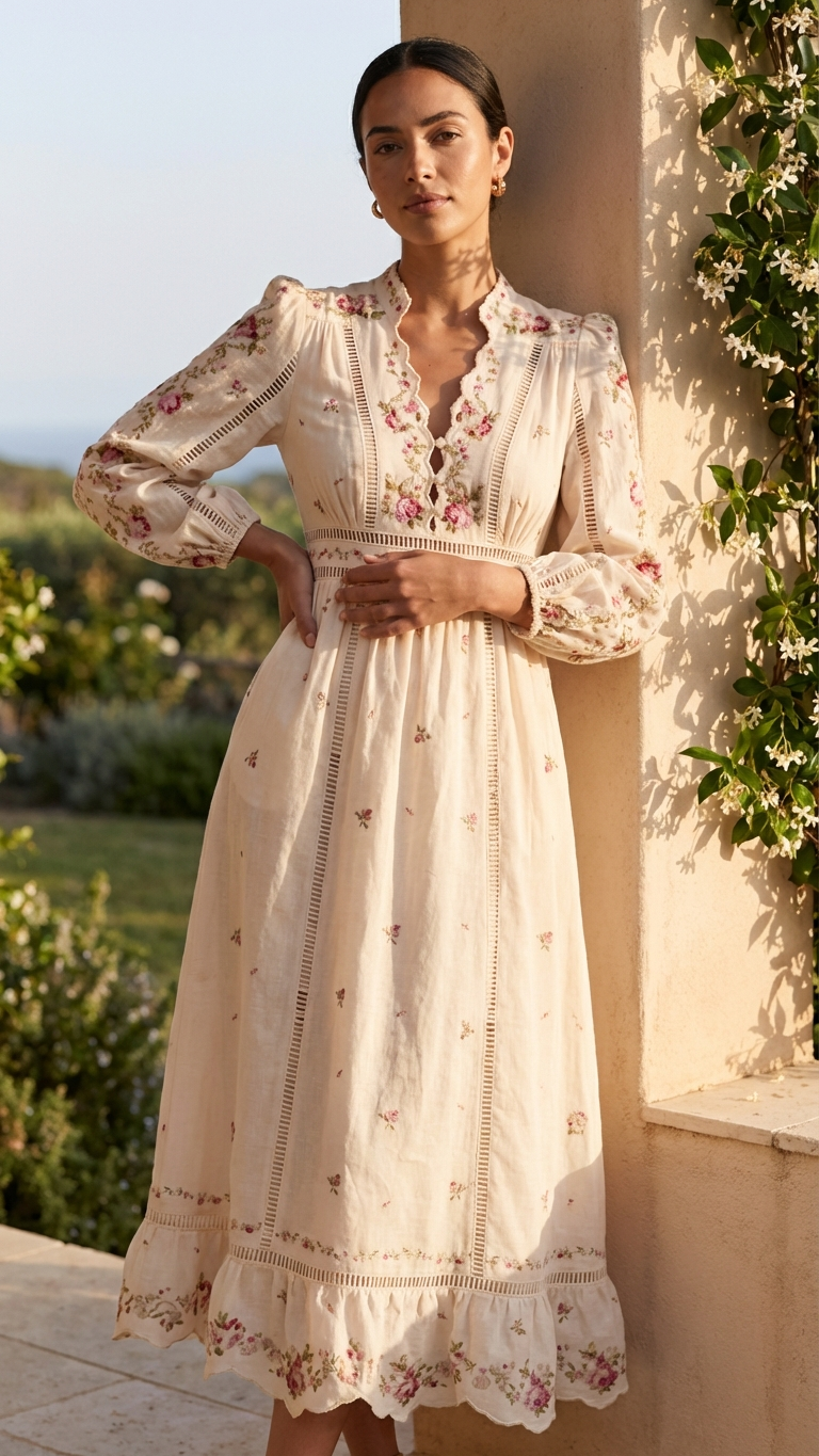 Stitch Floral Maxi Dress - Scalloped V-Neck & Long Sleeve Lotus & Lace