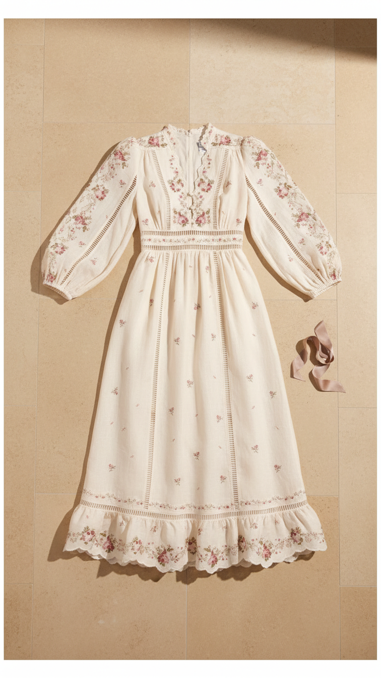 Stitch Floral Maxi Dress - Scalloped V-Neck & Long Sleeve Lotus & Lace