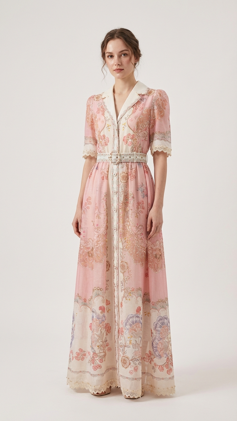 Floral Lace Trim Shirt Dress - Belted Button Down Maxi Lotus & Lace