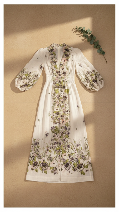 Cotton Linen Floral Maxi Dress - Long Sleeve Button Down V-Neck & Other Stories