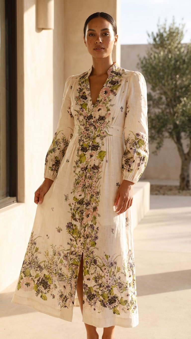 Cotton Linen Floral Maxi Dress - Long Sleeve Button Down V-Neck & Other Stories