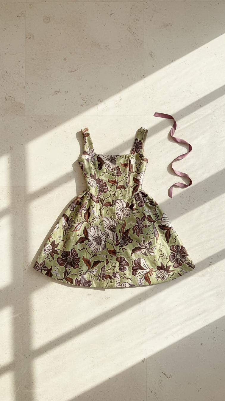 Olive Green Floral Mini Dress - Square Neck Button Front Lotus & Lace