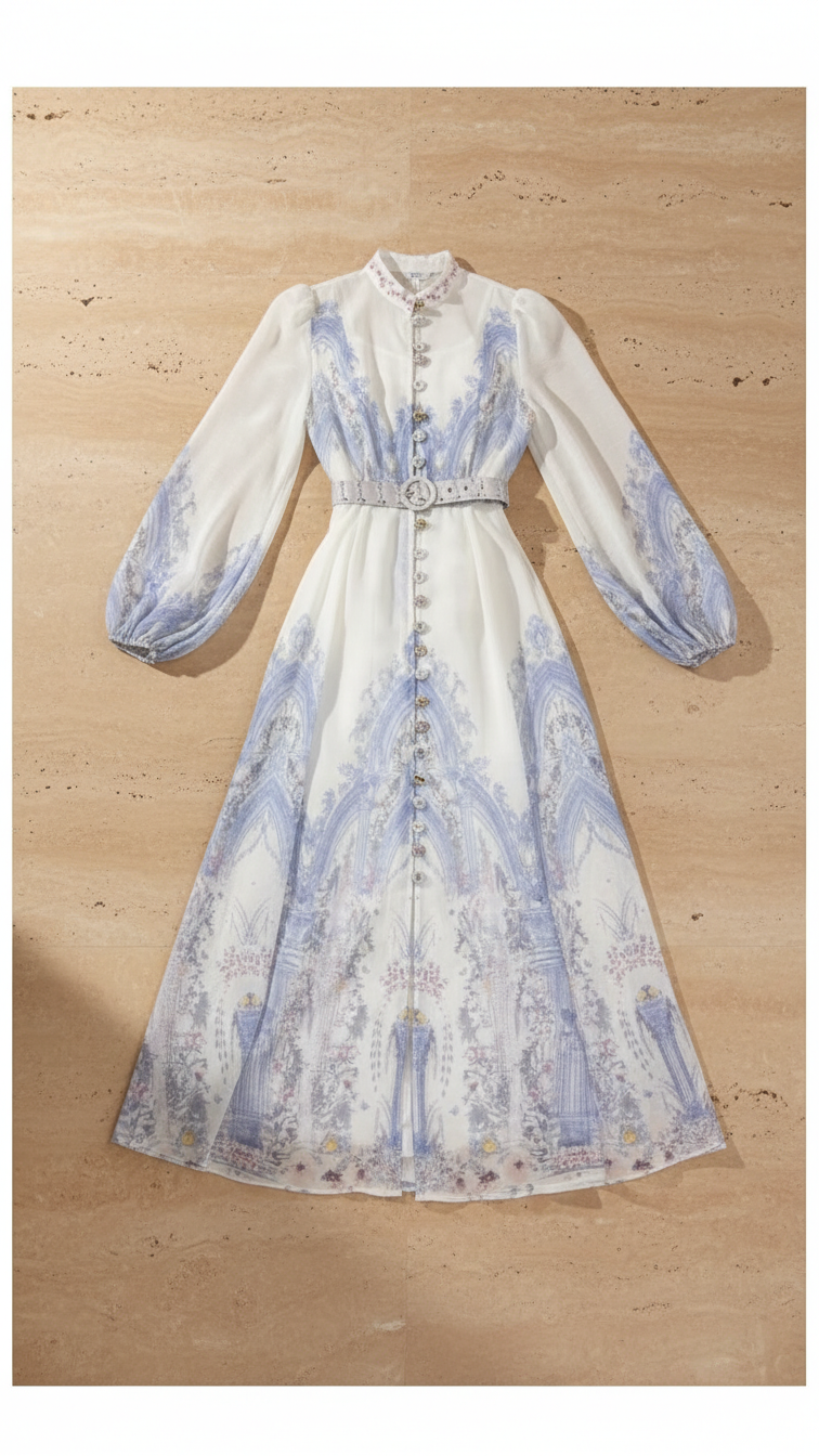 Blue & White Porcelain Print Maxi Shirt Dress - Long Sleeve Button Down with Belt & Other Stories