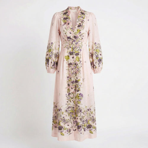 Cotton Linen Floral Maxi Dress - Long Sleeve Button Down V-Neck & Other Stories